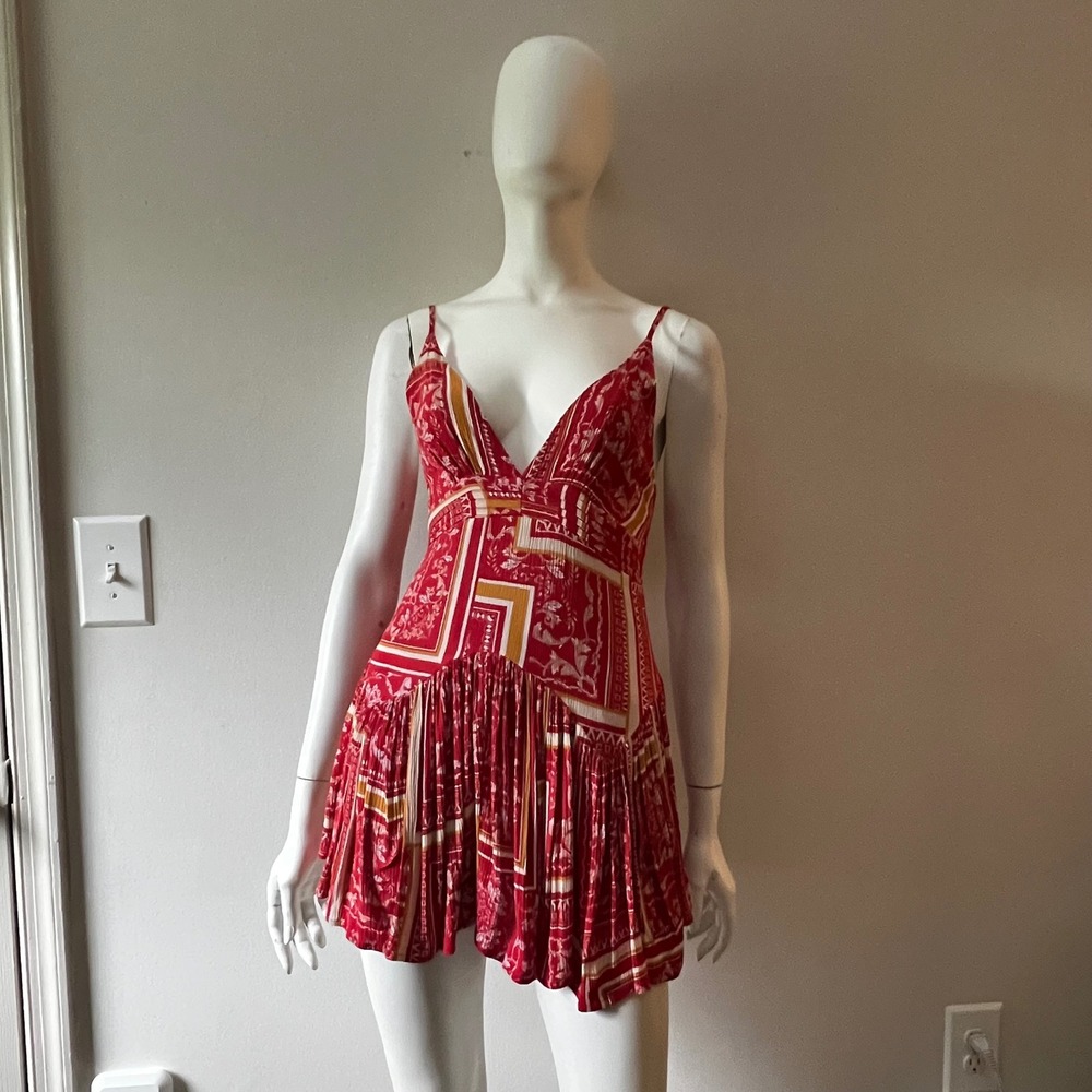 Red Scarf Print Drop Waist Pleated Mini Dress or babydoll Top Y2K Resort Boho S